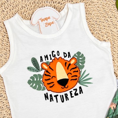 Conj. Regata Tigre Amigo da Natureza e Bermuda - Off White e Verde